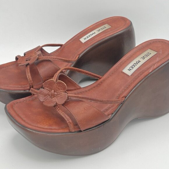 VTG Y2K Steve Madden Rosiee Platform Wedge Sandals Brown Leather Mod Flower 9B - Picture 4 of 15